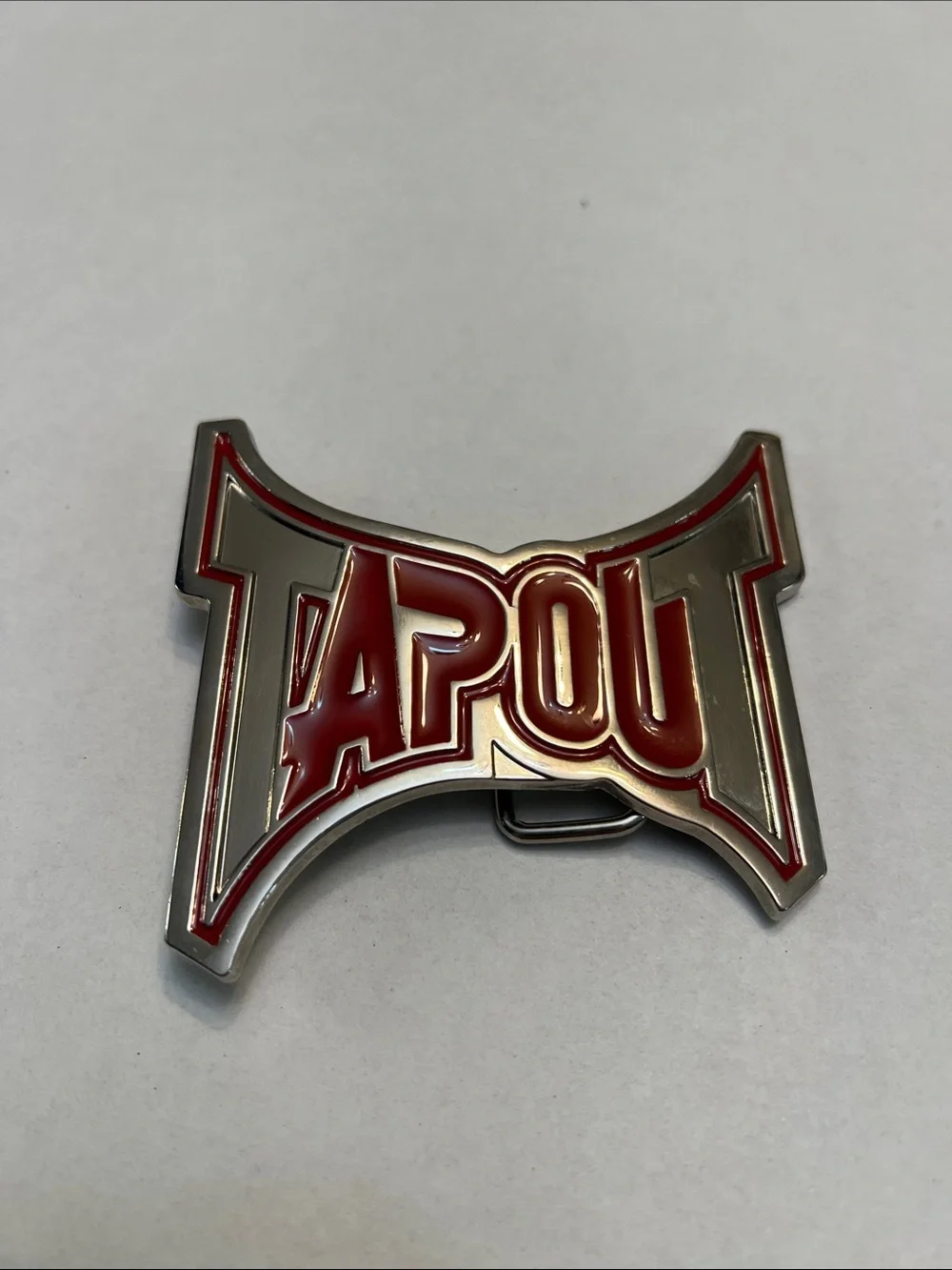 Y2K TAPOUT LOGO SILVER TONE & RED MMA MIXED MARTIAL ARTS PROMO BELT BUCKLE